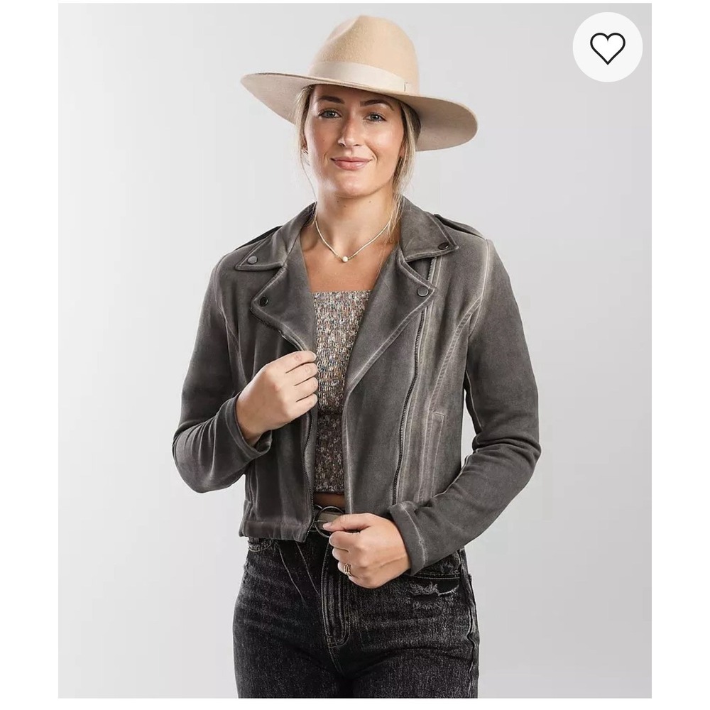Buckle Women's Washed Faux Suede Jacket Cropped Full Zip Gray Boho‎ Layering SzS